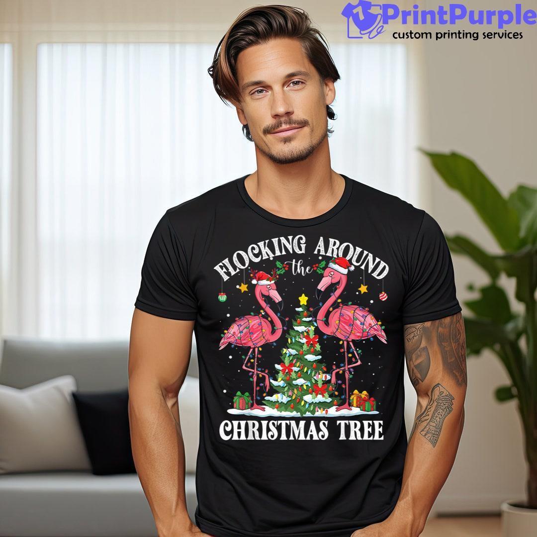 Flocking Around Christmas Tree Flamingo Santa Xmas Pajama Unisex Shirt - Designed And Sold By 7Printpurple