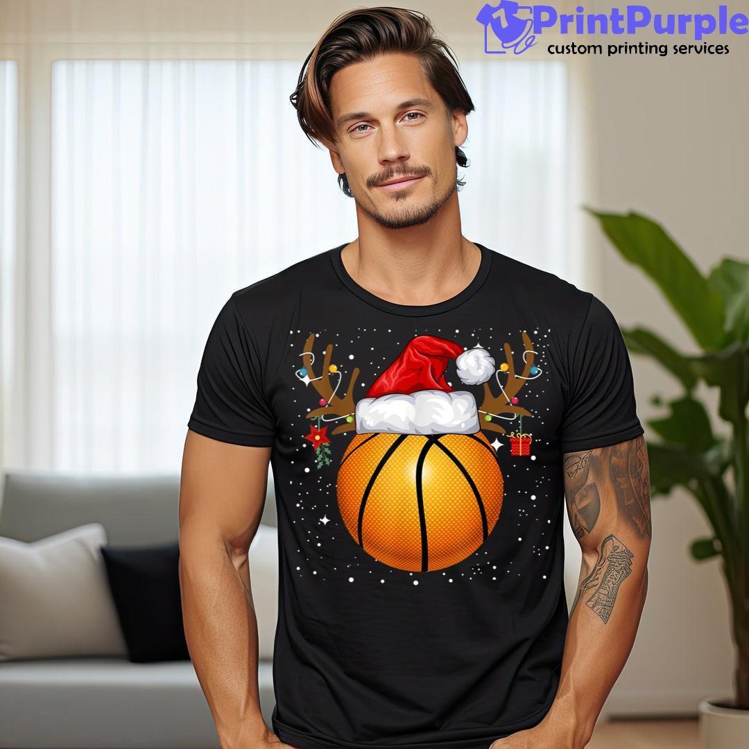 Funny Basketball Reindeer Santa Hat Christmas Holiday Gifts Shirt - Designed And Sold By 7Printpurple