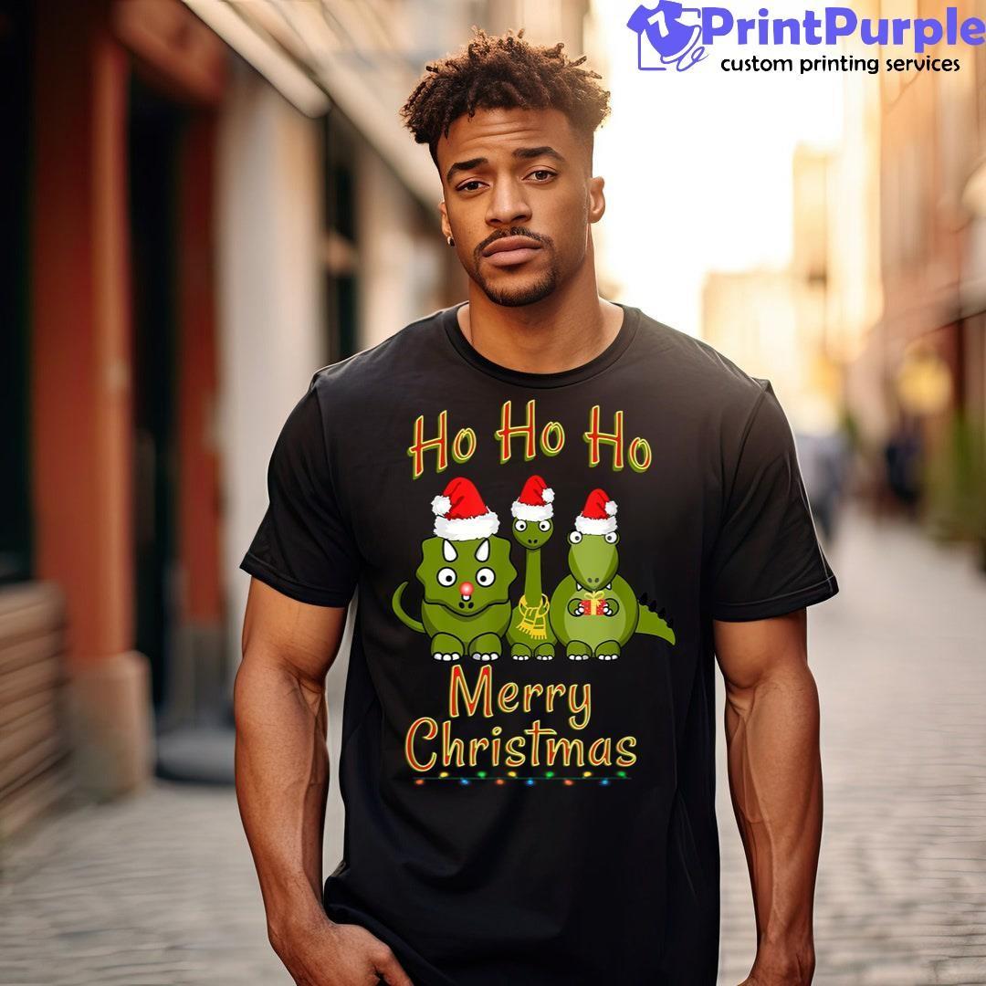 Funny Dinosaur Ho Ho Ho Triceratops T Rex And Brontosaurus Unisex Shirt - Designed And Sold By 7Printpurple