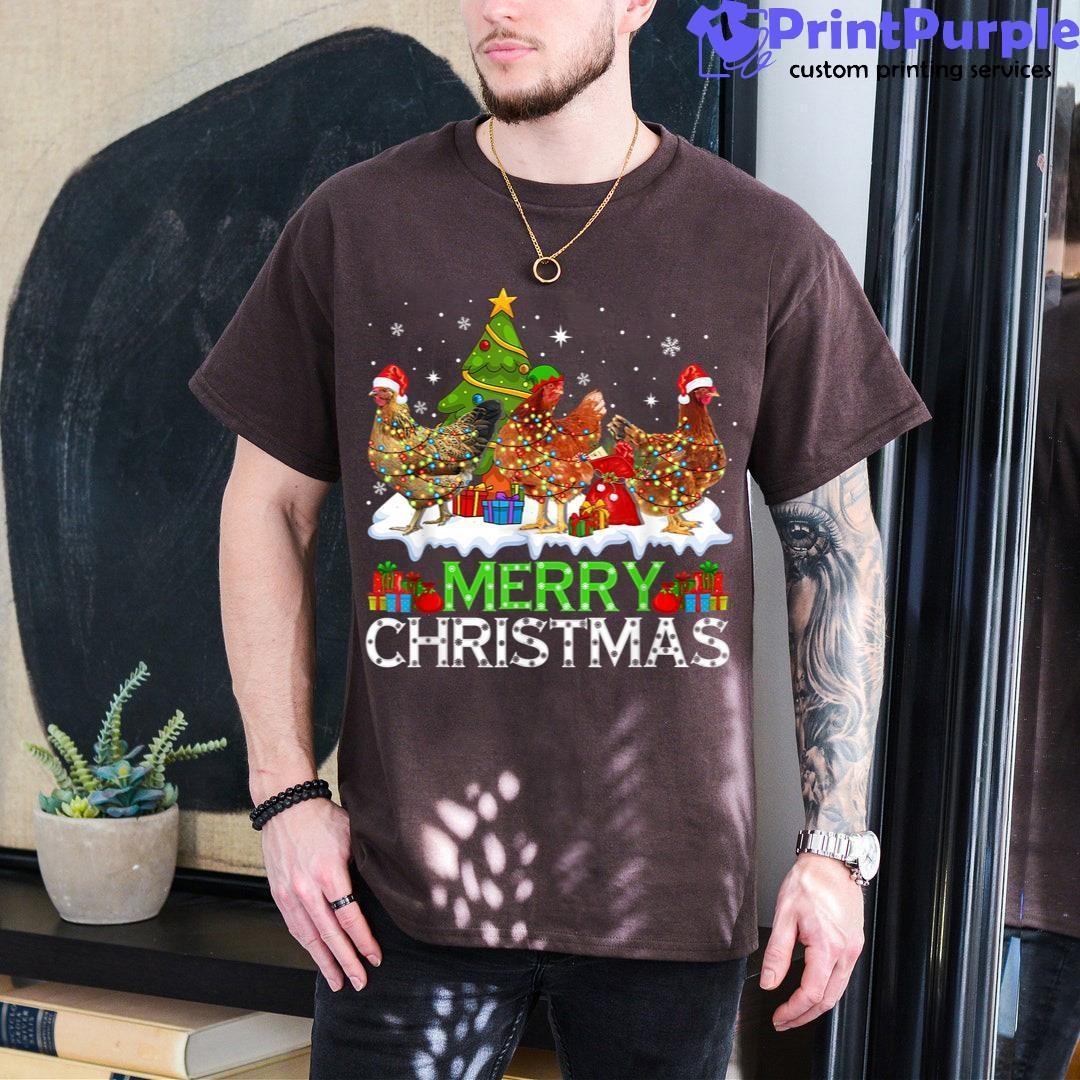 Merry Christmas Chicken Elf Santa Hat Lights Funny Xmas Unisex Shirt - Designed And Sold By 7Printpurple
