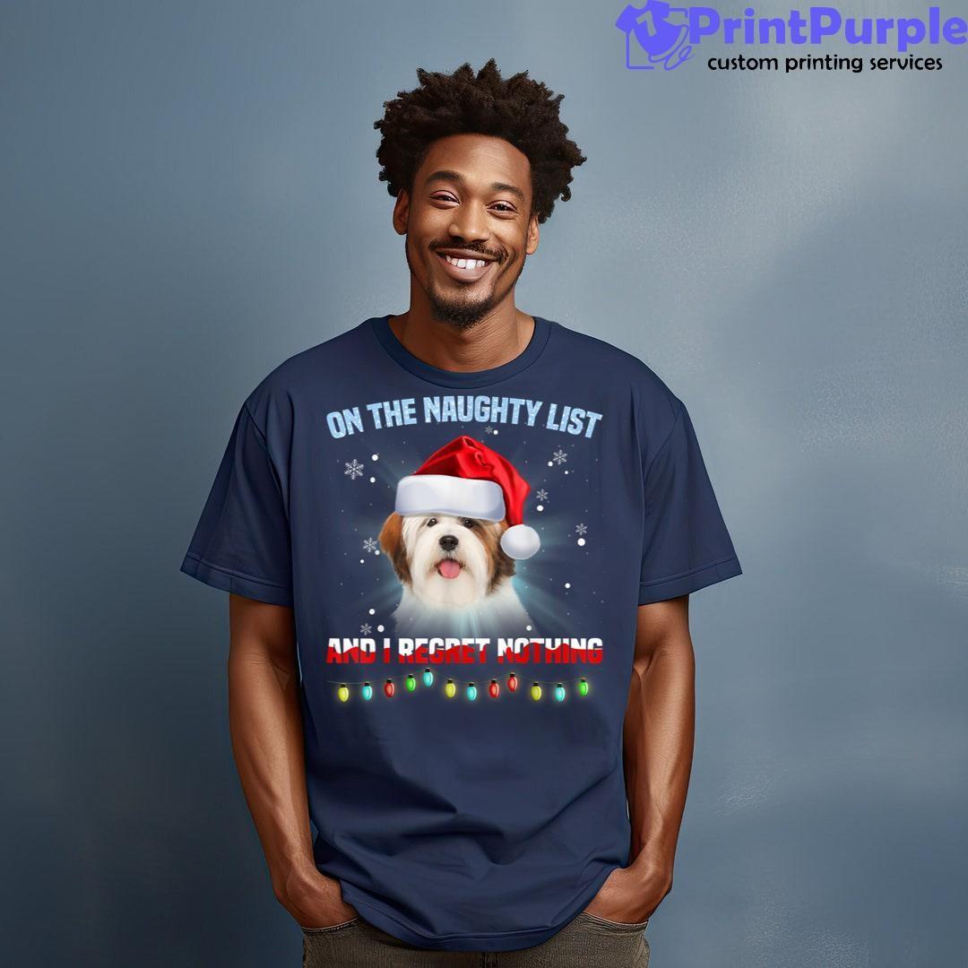 On The Naughty List And Lhasa Apso Santa Hat Christmas Unisex Shirt - Designed And Sold By 7Printpurple