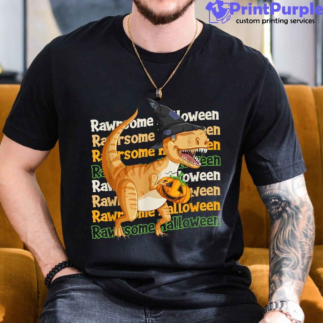 Rawrsome Halloween Dinosaur Carrying A Pumpkin Shirt - Designed And Sold By 7Printpurple