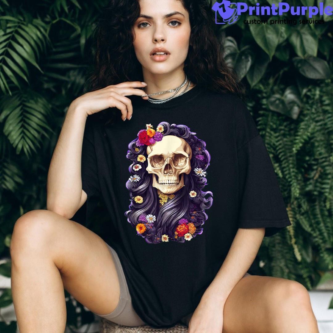 Womens Creepy Horror Gothic Candy Skull Flower T-Shirt