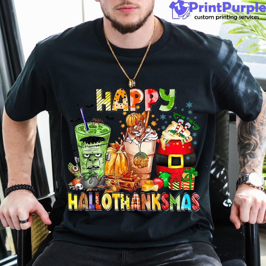 Happy Hallothanksmas Coffee Halloween Thanksgiving Christmas Unisex Shirt - Designed And Sold By 7Printpurple