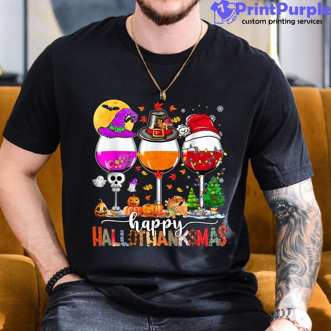 Happy Hallothanksmas Wine Glasses Witch Santa Hat Pumpkin Shirt - Designed And Sold By 7Printpurple