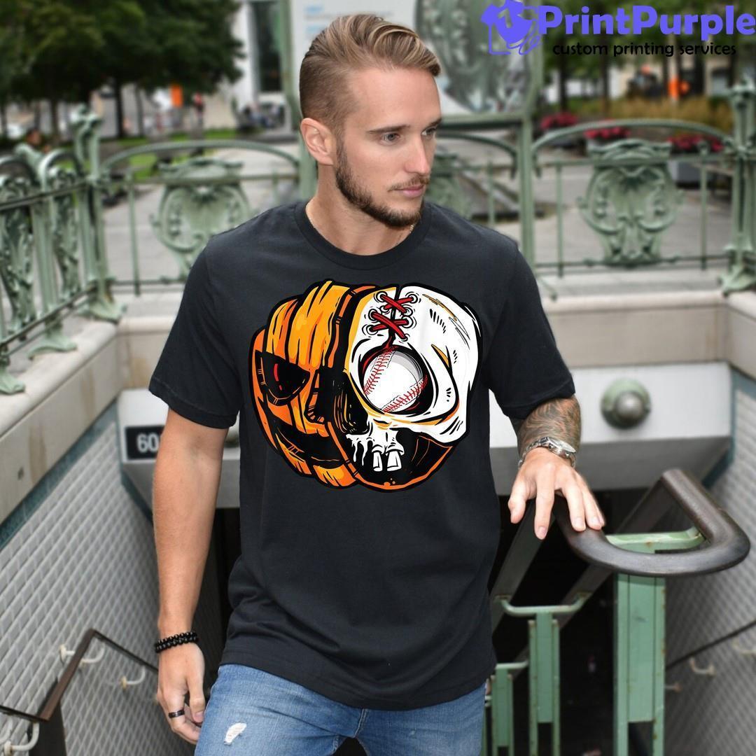 Halloween Pumpkin Skeleton Skull Baseball Player Shirt for Sale