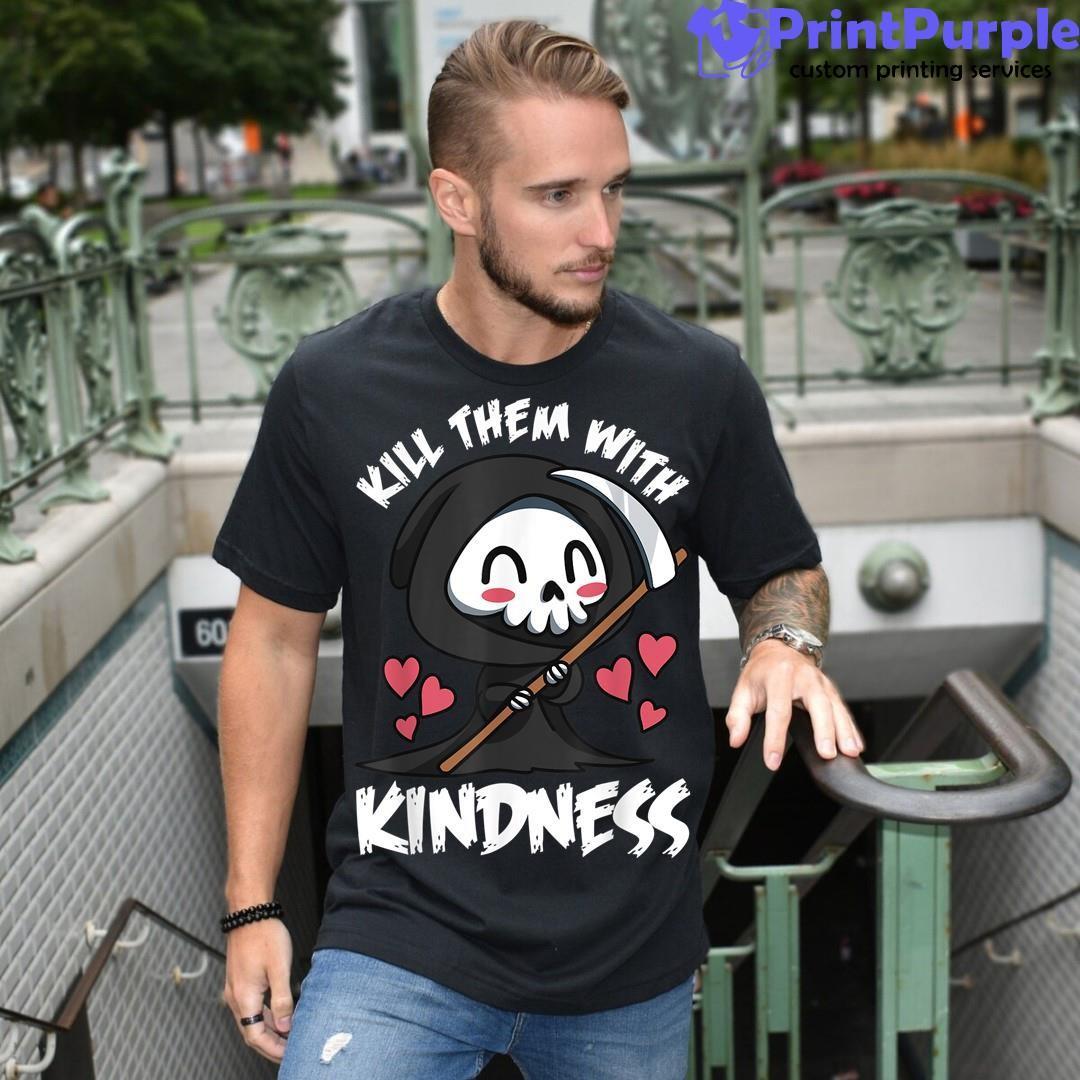 Mens Kill Em With Kindness T Shirt Funny Bloody Spooky Halloween Killer  Joke Tee