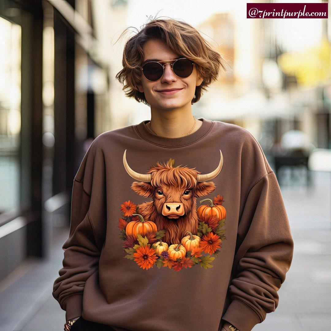 HeatherModel Long Horn Thankful Cow Shirt,Fall Thankful Cow Shirt,2022 Cute Fall Sweatshirt,Thanksgiving Cow Shirt,pumpkin Spice Shir Unisex Tshirt Sand S | Heath