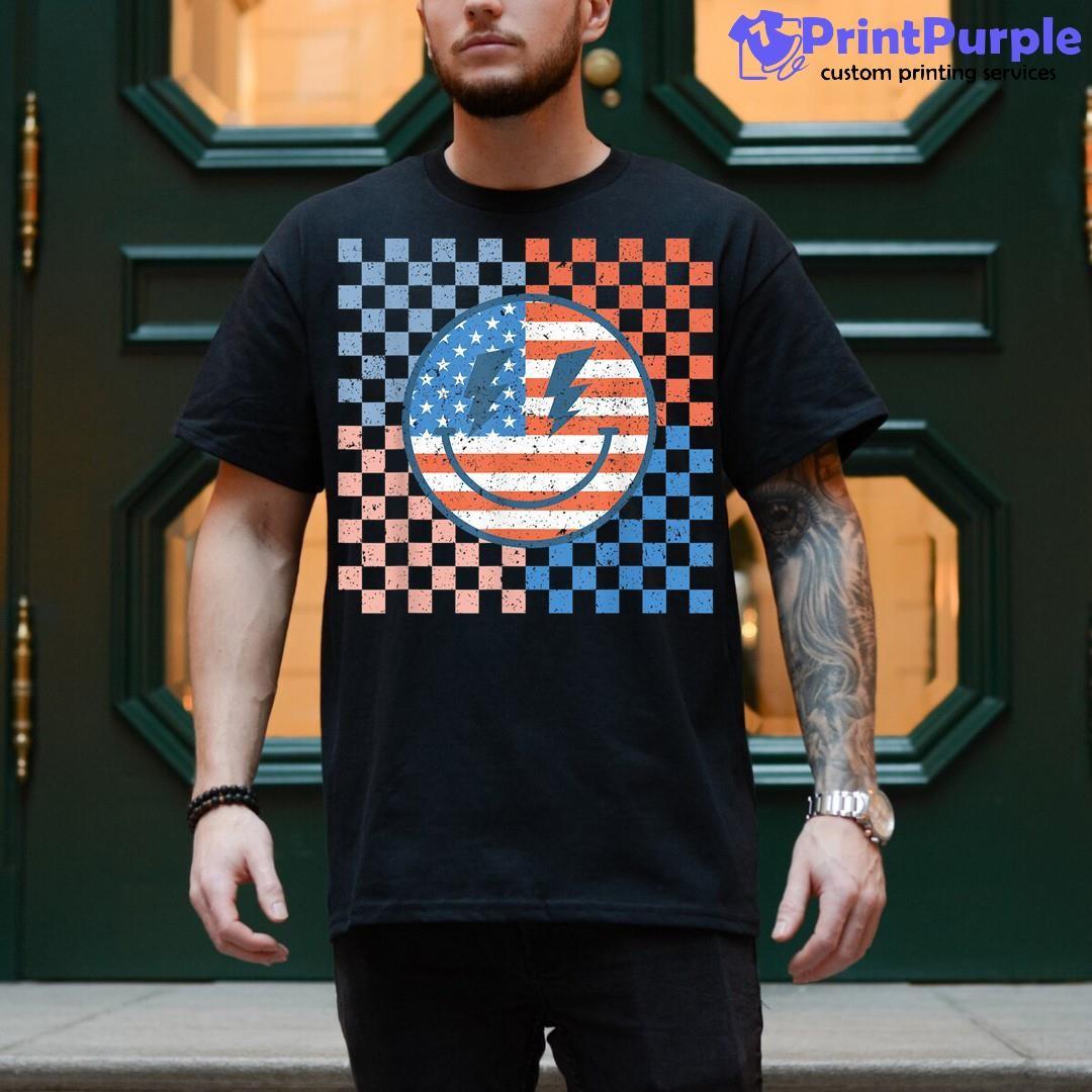 American Checkered Flag Smiley Face Retro 4Th Of July Shirt - Designed And Sold By 7Printpurple