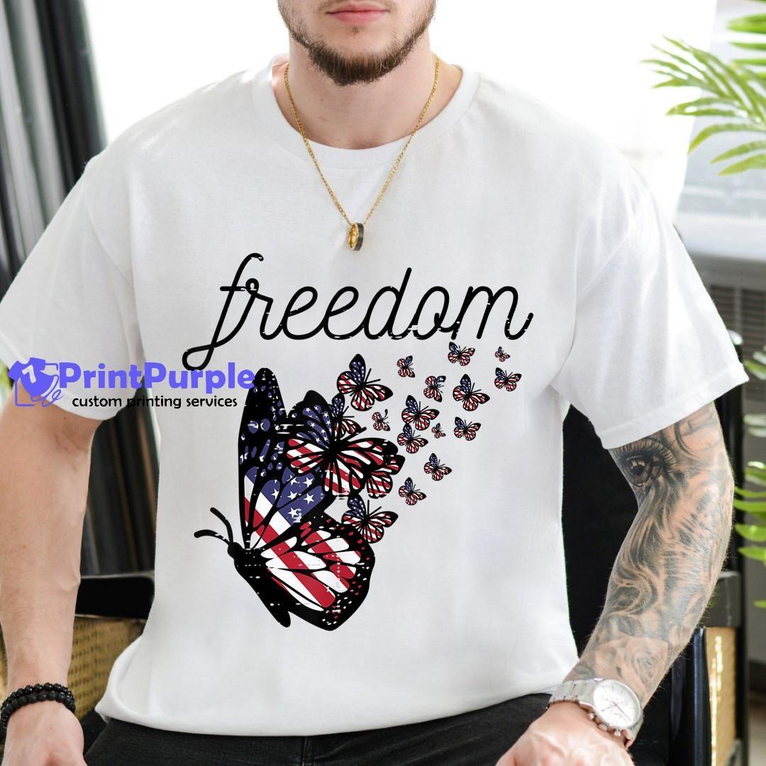 Us Flag Butterflies Freedom 4Th Of July Patriot Women Girls Shirt - Designed And Sold By 7Printpurple