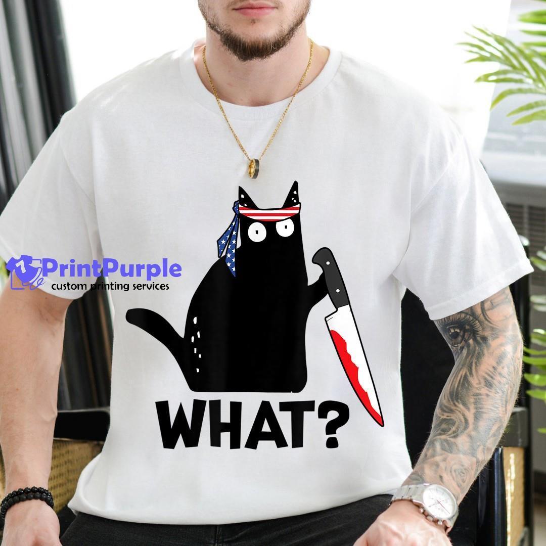 What Black Cat Holding Knife Usa American Flag Shirt - Designed And Sold By 7Printpurple