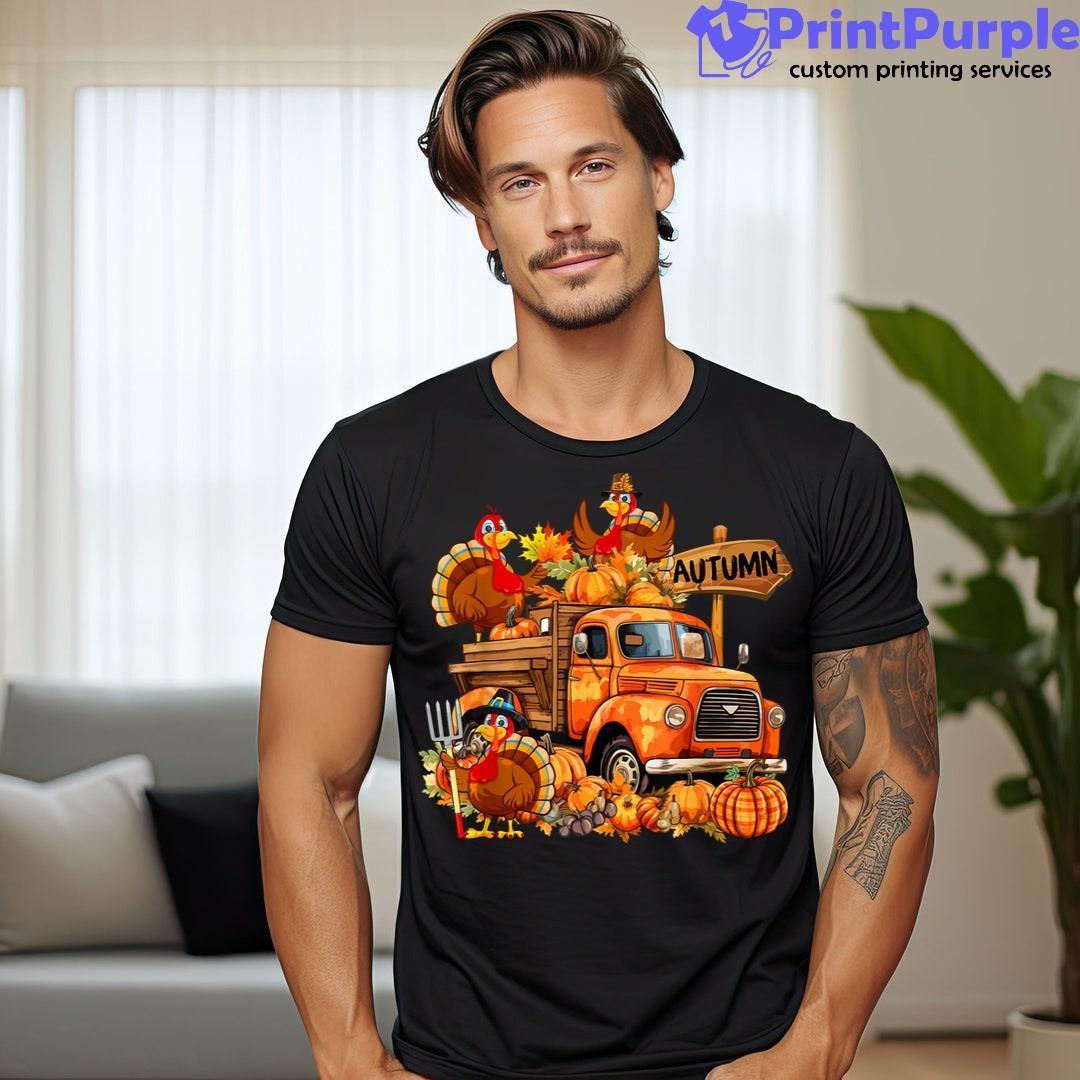 Three Fall Turkeys Pumpkins On Pickup Truck Thanksgiving Shirt - Designed And Sold By 7Printpurple