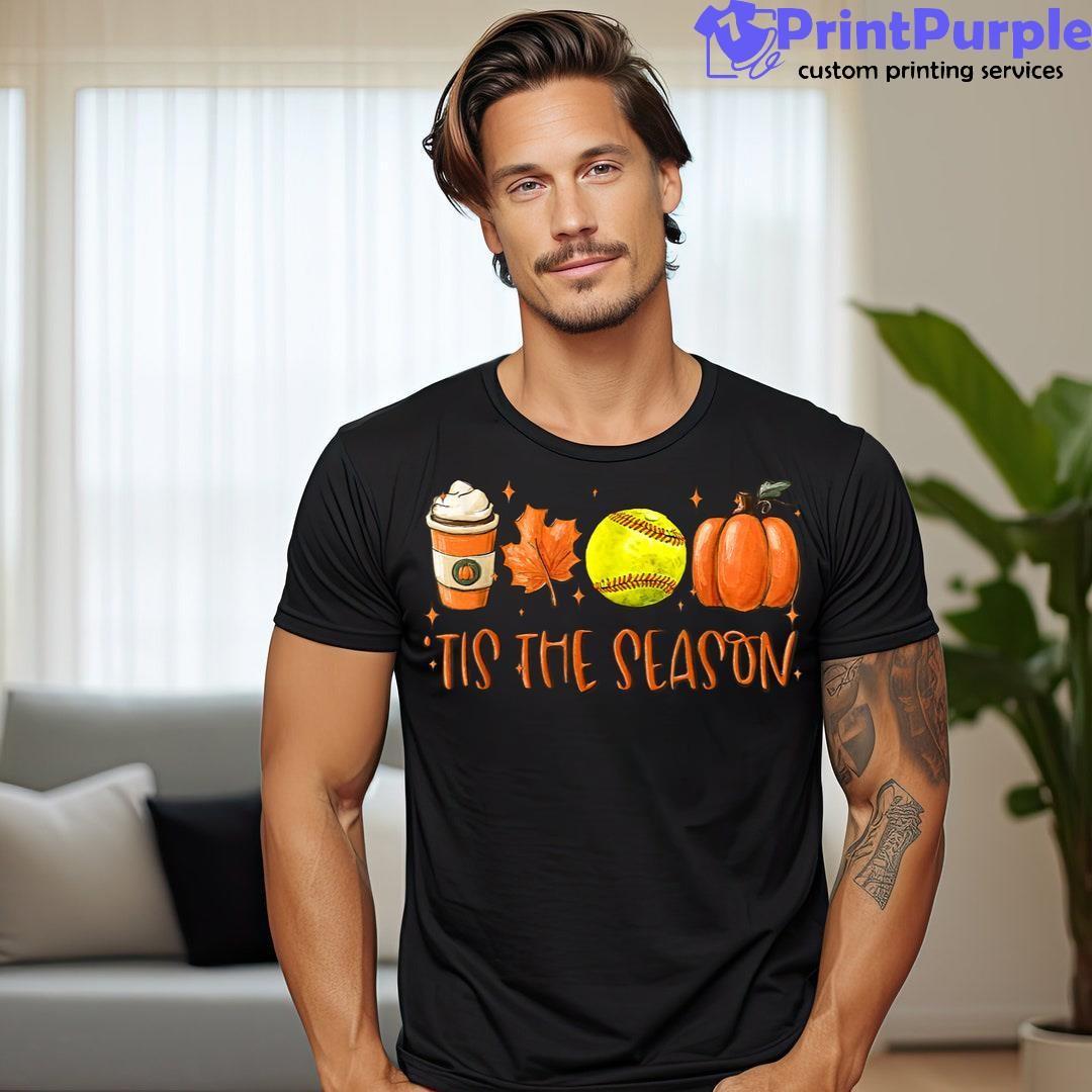 Tis The Season Pumpkin Leaf Latte Fall Thanksgiving Softball Unisex Shirt - Designed And Sold By 7Printpurple