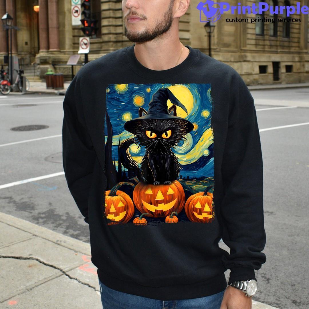 Vintage Black Cat And Pumpkin Moon Night Funny Gift For Halloween T-Shirt  Unisex